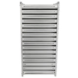 A shiny, metallic Empura E-PR15 towel radiator with horizontal bars and a rectangular frame, viewed from the front. The evenly spaced bars create a 15-pan rack, ladder-like look, and the sleek finish reflects light for a modern style.