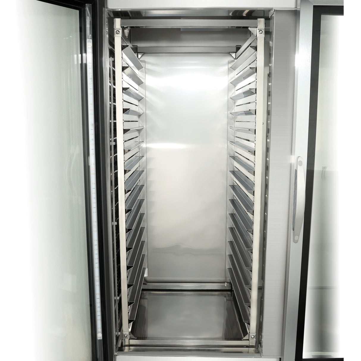 An Empura E-PR15 15-Pan Rack sits inside a tall, open refrigerator, featuring multiple horizontal rails for trays or pans. The clean, well-lit interior highlights the shiny stainless steel and spacious design.