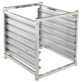 A square, open metal frame structure with horizontal slats on three sides and open at the top and front. This Empura E-PR6 6-Pan Rack is silver-colored, appearing to be made of stainless steel or aluminum.
