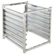 A square, open metal frame structure with horizontal slats on three sides and open at the top and front. This Empura E-PR6 6-Pan Rack is silver-colored, appearing to be made of stainless steel or aluminum.