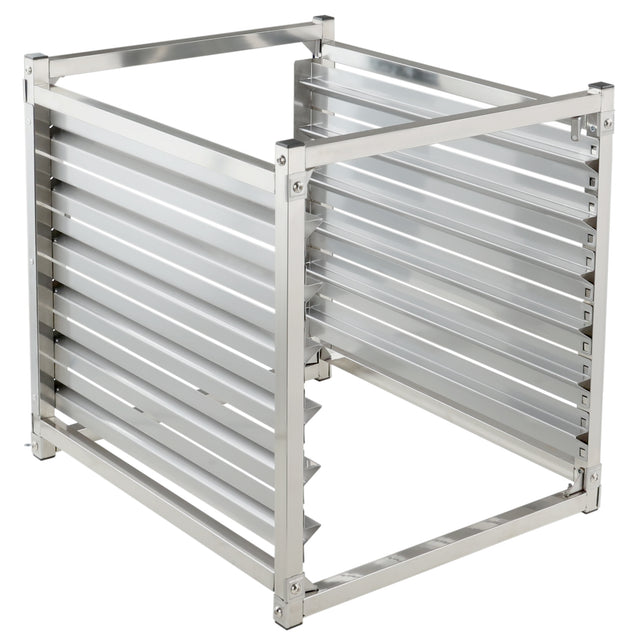 A square, open metal frame structure with horizontal slats on three sides and open at the top and front. This Empura E-PR6 6-Pan Rack is silver-colored, appearing to be made of stainless steel or aluminum.