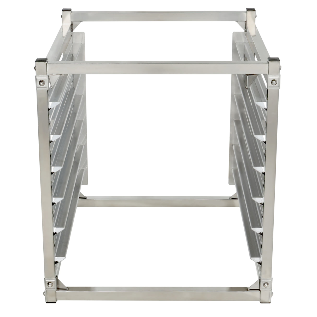 The Empura E-PR6 is a stainless steel rectangular 6-pan rack with an open frame, viewed from the front. It features horizontal rails on the sides to hold trays or shelves. The shiny, reflective surface adds a sleek touch to any kitchen workspace.