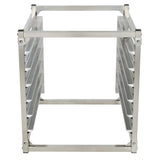 The Empura E-PR6 is a stainless steel rectangular 6-pan rack with an open frame, viewed from the front. It features horizontal rails on the sides to hold trays or shelves. The shiny, reflective surface adds a sleek touch to any kitchen workspace.