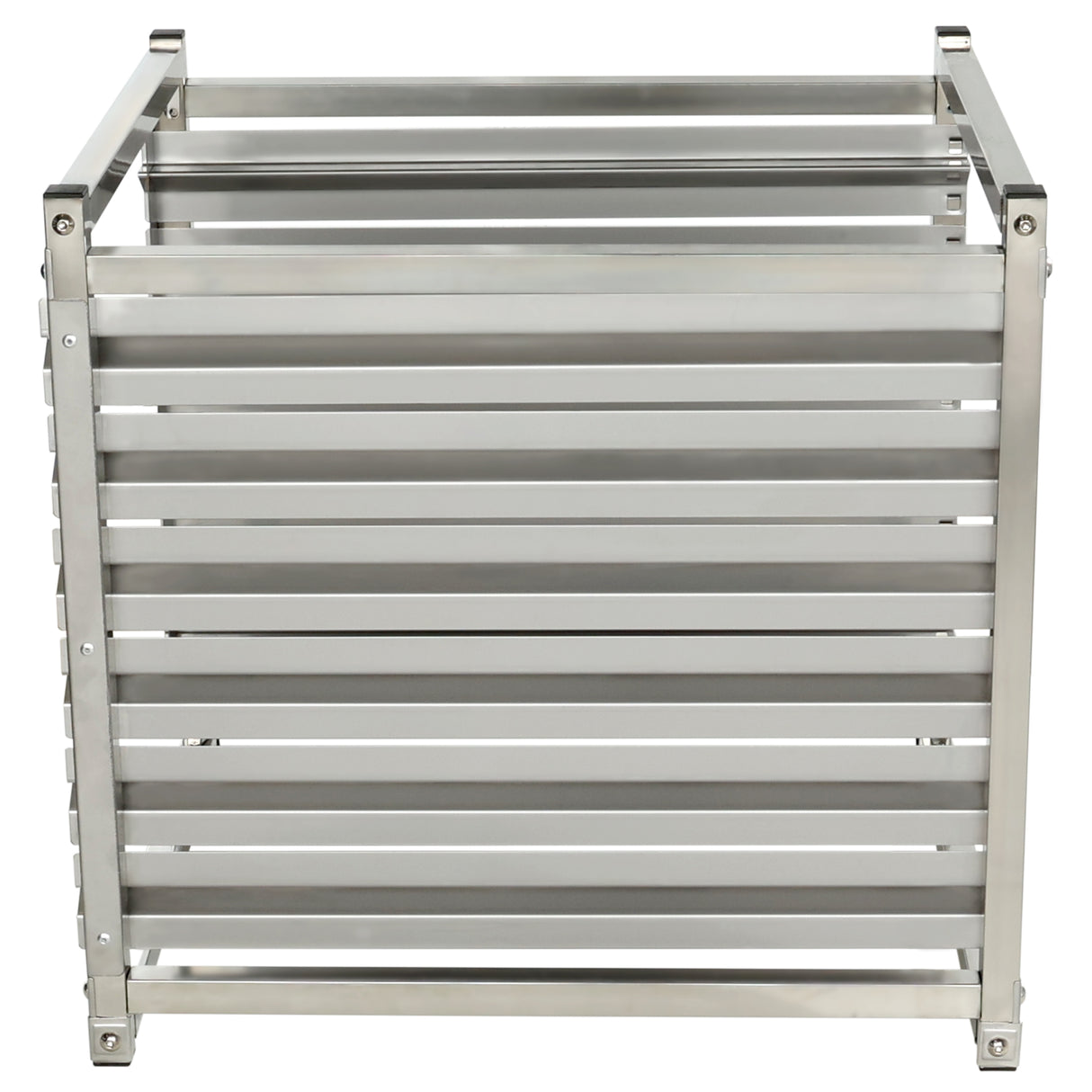 A rectangular, metallic storage bin with horizontal slats on all sides and open top. Made of stainless steel, this Empura E-PR6 6-Pan Rack offers a modern, industrial appearance and stands empty on flat feet.