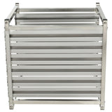 A rectangular, metallic storage bin with horizontal slats on all sides and open top. Made of stainless steel, this Empura E-PR6 6-Pan Rack offers a modern, industrial appearance and stands empty on flat feet.
