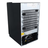 Back view of an Empura Refrigeration unit, showcasing a metal back panel with zigzag condenser coils. The bottom features a vent with wires and components, plus several product labels and warning stickers—ideal for a Counter Top Merchandiser.