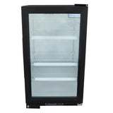 A black Empura Refrigeration Glass Swing Door Refrigerator features three adjustable white wire shelves and a visible “Empura” label. This counter top merchandiser has a glass front door with a lock and handle at the bottom; its interior is empty.