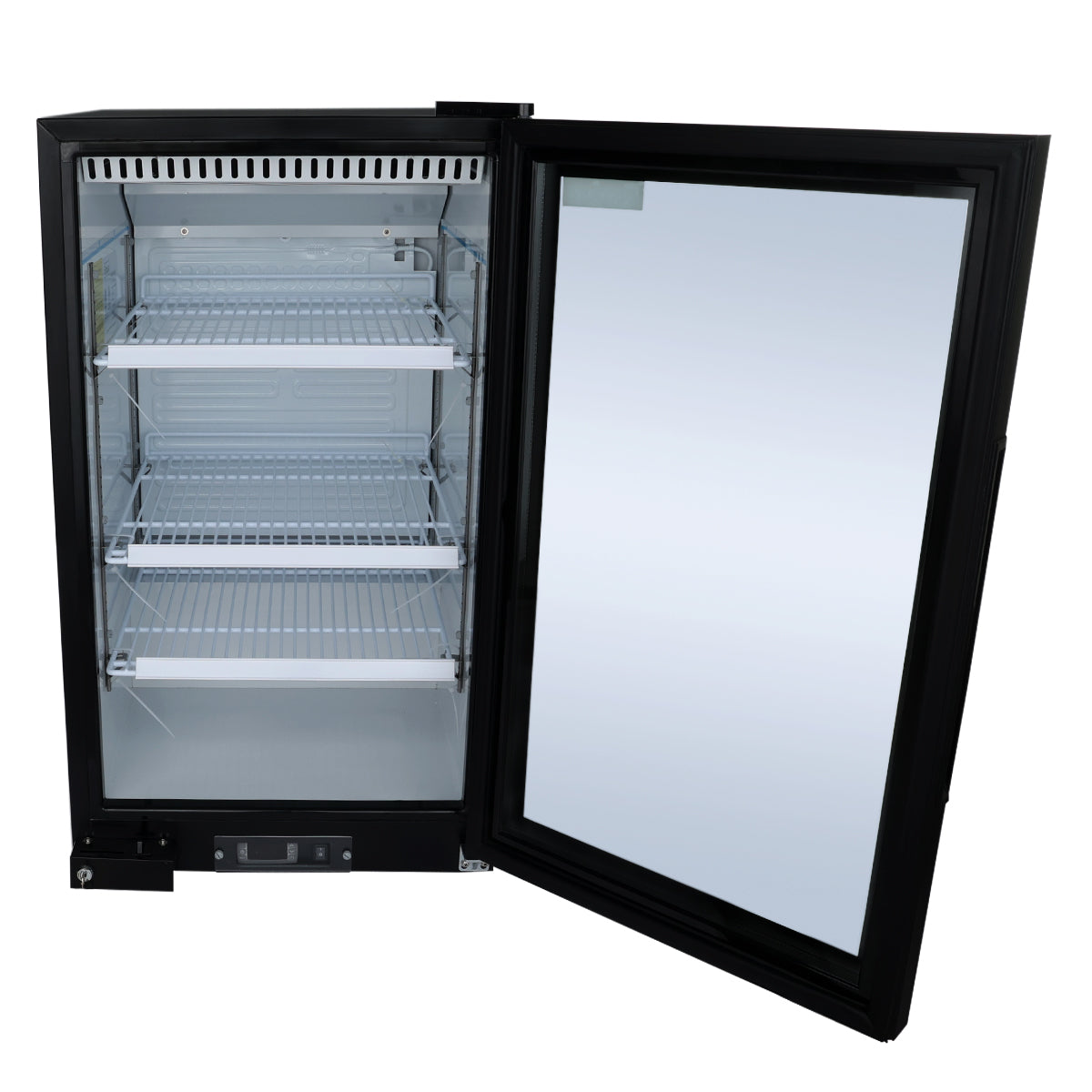 A small, black Empura Refrigeration counter top merchandiser with a glass swing door open to the right. Inside, three empty wire shelves and a digital control panel are visible in the clean, well-lit interior. The fridge stands on a white background.