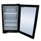 A small, black Empura Refrigeration counter top merchandiser with a glass swing door open to the right. Inside, three empty wire shelves and a digital control panel are visible in the clean, well-lit interior. The fridge stands on a white background.