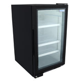 A black, upright Empura Refrigeration glass swing door refrigerator with three white wire shelves inside, viewed at an angle. This countertop merchandiser features a left-hinged handle and displays the Empura logo on the top right of the empty glass door.