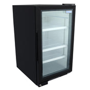 A black, upright Empura Refrigeration glass swing door refrigerator with three white wire shelves inside, viewed at an angle. This countertop merchandiser features a left-hinged handle and displays the Empura logo on the top right of the empty glass door.