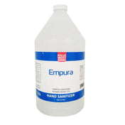 A large clear plastic 1 gallon jug labeled Empura Hand Sanitizer. The blue and white label reads TOPICAL SOLUTION, antiseptic alcohol 75%, and Kills Most Germs in red. The jug has a white cap and holds 1 gallon (3.78L).