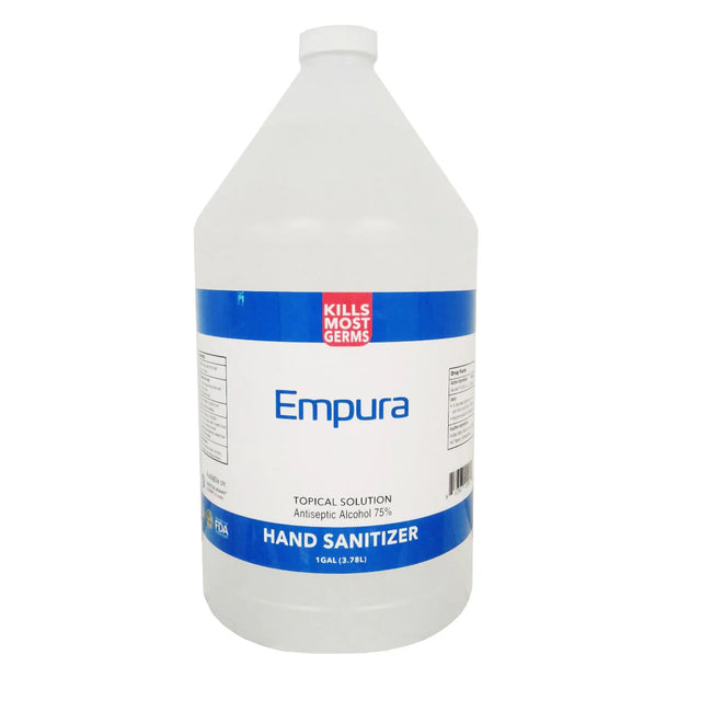 A large clear plastic 1 gallon jug labeled Empura Hand Sanitizer. The blue and white label reads TOPICAL SOLUTION, antiseptic alcohol 75%, and Kills Most Germs in red. The jug has a white cap and holds 1 gallon (3.78L).