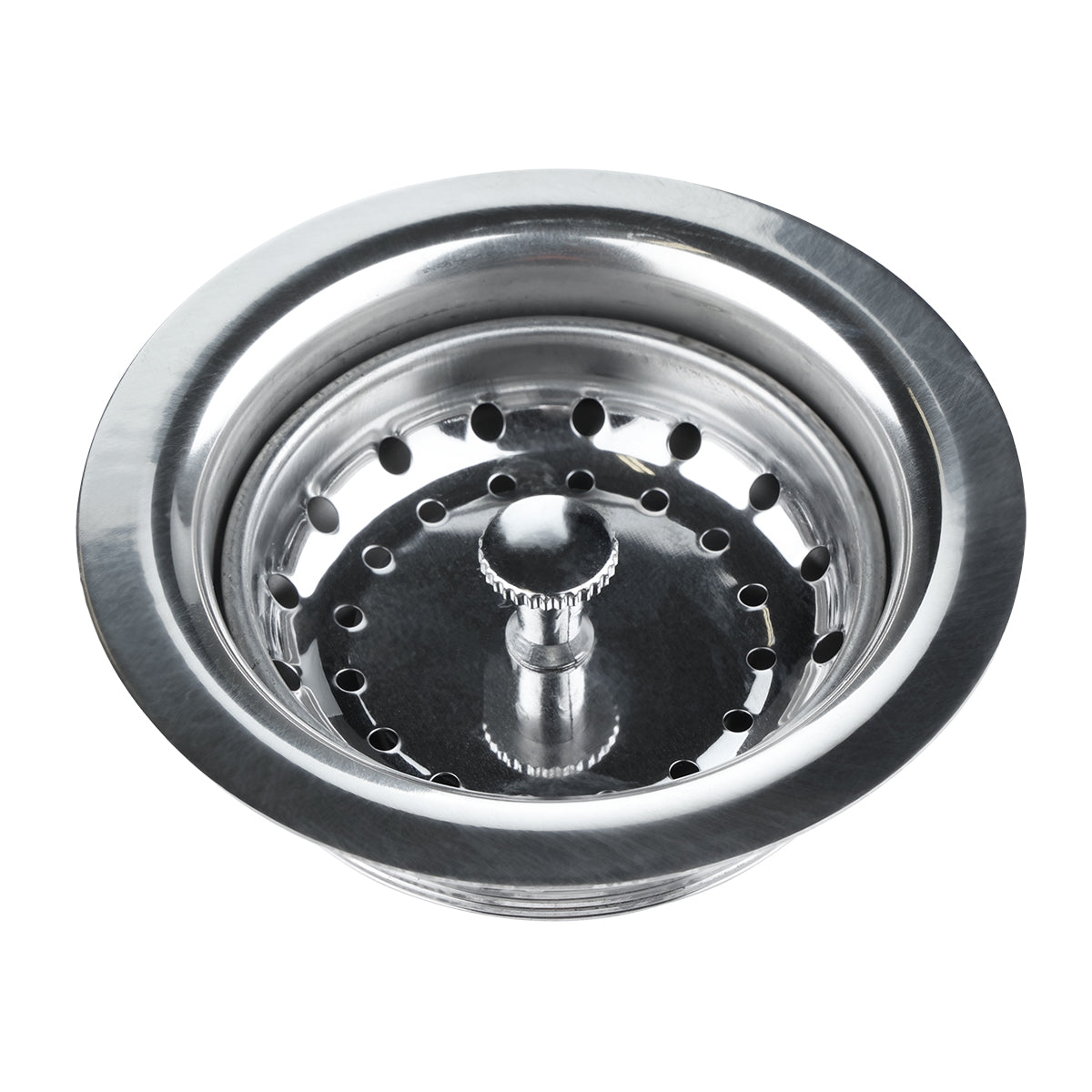 A shiny Empura stainless steel sink strainer with circular holes around its inner edge. Designed as a 3.5" basket drain, its center features a small knob for lifting. The polished metallic surface and round shape stand out against the white background.