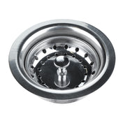 A shiny Empura stainless steel sink strainer with circular holes around its inner edge. Designed as a 3.5" basket drain, its center features a small knob for lifting. The polished metallic surface and round shape stand out against the white background.