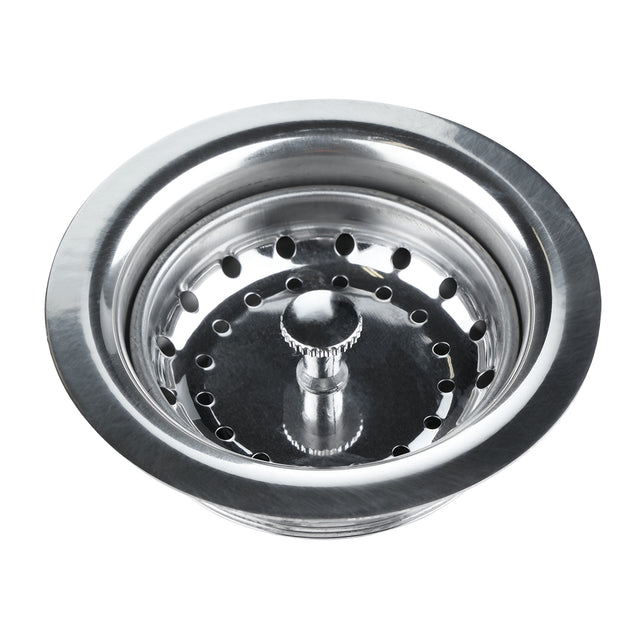 A shiny Empura stainless steel sink strainer with circular holes around its inner edge. Designed as a 3.5" basket drain, its center features a small knob for lifting. The polished metallic surface and round shape stand out against the white background.
