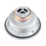 A stainless 3.5" basket drain mechanical part with a round, threaded body, black rubber gasket at the base, and a top opening featuring three distinct internal cutouts. The silver surface shows gold and copper-toned accents near the opening—compatible with Empura sinks.