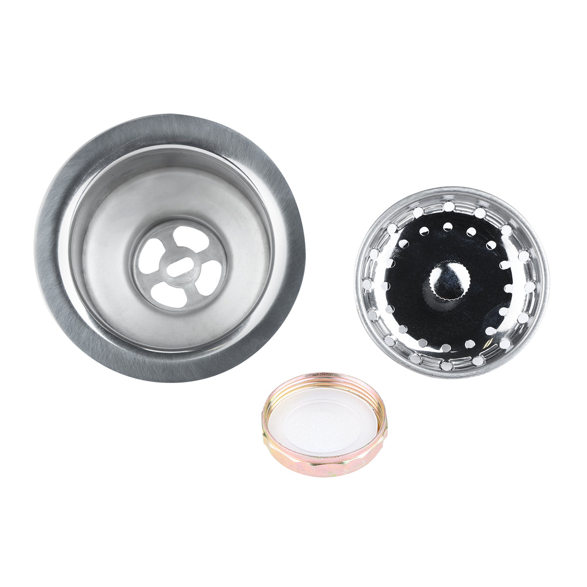 Three Empura metal sink drain components are displayed on a white background: a stainless round drain flange (left), a 3.5" basket drain strainer (top right), and a threaded retaining ring with a white washer (bottom right).