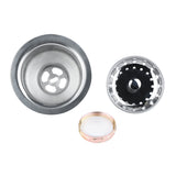 Three Empura metal sink drain components are displayed on a white background: a stainless round drain flange (left), a 3.5" basket drain strainer (top right), and a threaded retaining ring with a white washer (bottom right).