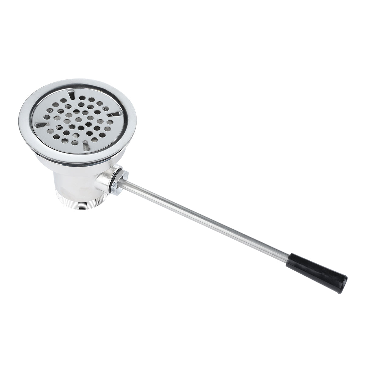The Empura Straight Lever Drain features a stainless steel sink drain with a flat, round perforated strainer top and an attached horizontal metal rod ending in a black handle for easy opening and closing.