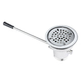 The Empura Straight Lever Drain features a stainless steel sink drain with a round perforated strainer cover and a long metal lever handle tipped with a black grip, designed for easy installation in your sink.