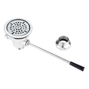 A stainless steel Empura Straight Lever Drain features a perforated round cover and a long horizontal handle with a black tip. Nearby, a separate threaded stainless steel fitting rests on the white background.