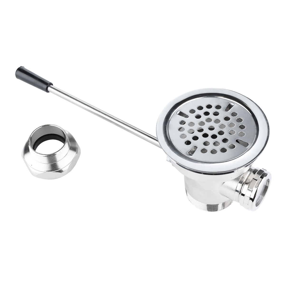 The Empura stainless steel Straight Lever Drain features a round, perforated strainer cover, an attached lever handle, and a separate threaded metal ring, all displayed on a white background.