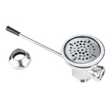 The Empura stainless steel Straight Lever Drain features a round, perforated strainer cover, an attached lever handle, and a separate threaded metal ring, all displayed on a white background.