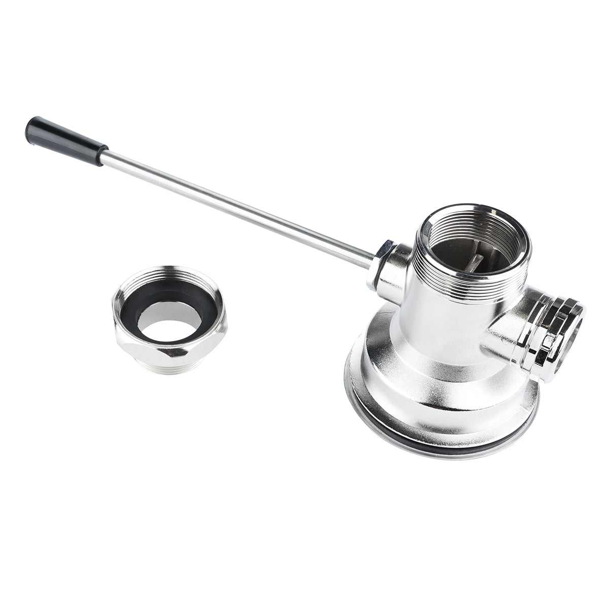 An Empura stainless steel keg coupler with a straight lever drain, threaded top opening, and side valve connector sits beside a matching threaded nut with a black rubber seal. Both items rest on a plain white background.