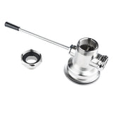 An Empura stainless steel keg coupler with a straight lever drain, threaded top opening, and side valve connector sits beside a matching threaded nut with a black rubber seal. Both items rest on a plain white background.