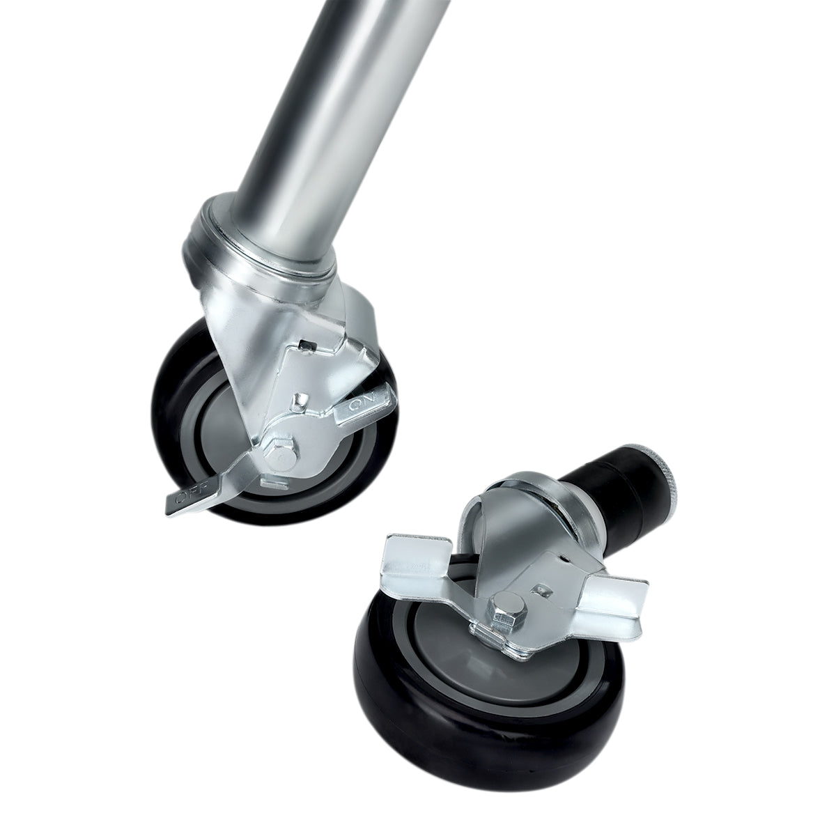 Close-up of two metal and black rubber casters, one attached to a metal leg and the other detached, both featuring metal locking mechanisms. Suitable for Empura Wortables and NSF-approved equipment, isolated on a white background.