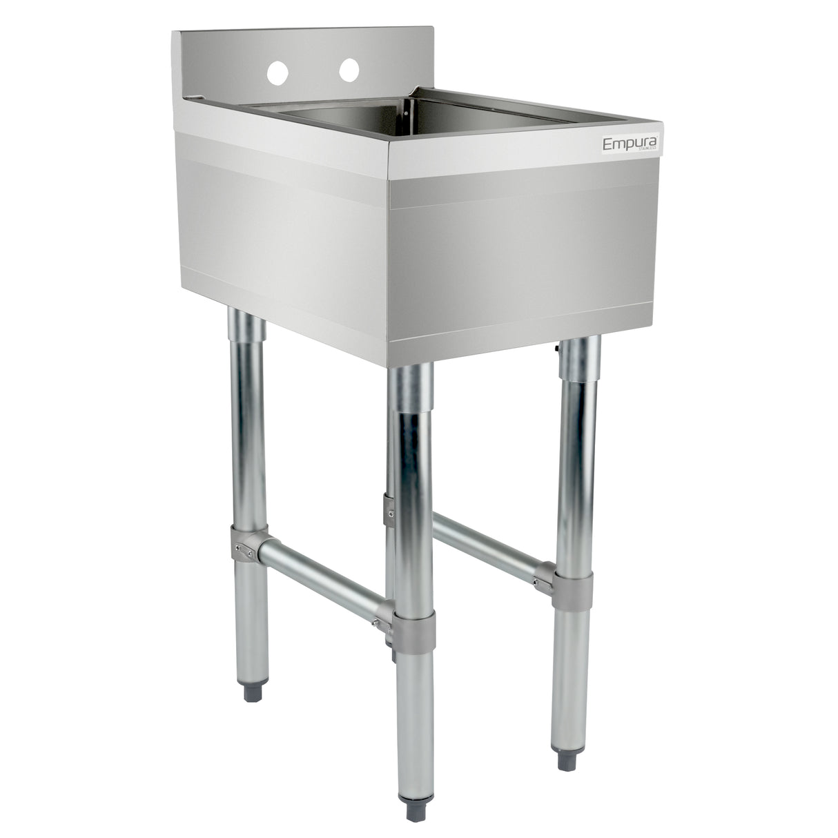 A stainless steel 1 compartment underbar sink with four metal legs and a deep rectangular basin. The Empura label appears on the upper right corner, and two holes on the backsplash allow for faucet installation. Industrial, minimalist design.