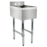 A stainless steel 1 compartment underbar sink with four metal legs and a deep rectangular basin. The Empura label appears on the upper right corner, and two holes on the backsplash allow for faucet installation. Industrial, minimalist design.