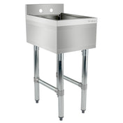 A stainless steel 1 compartment underbar sink with four metal legs and a deep rectangular basin. The Empura label appears on the upper right corner, and two holes on the backsplash allow for faucet installation. Industrial, minimalist design.