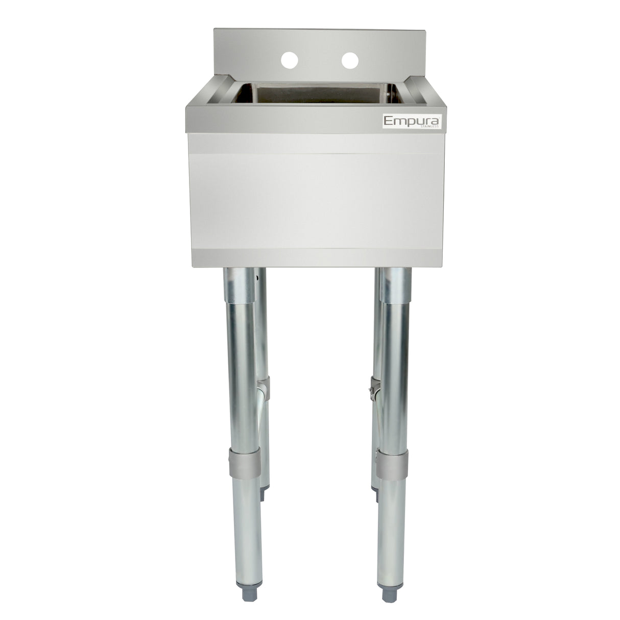 A stainless steel underbar sink with tall, adjustable legs, featuring a deep, 1 compartment rectangular basin and a high backsplash with two faucet holes. The Empura brand name is visible on the upper right front panel. The sink stands alone on a white background.