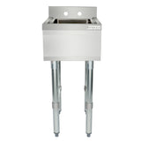 A stainless steel underbar sink with tall, adjustable legs, featuring a deep, 1 compartment rectangular basin and a high backsplash with two faucet holes. The Empura brand name is visible on the upper right front panel. The sink stands alone on a white background.