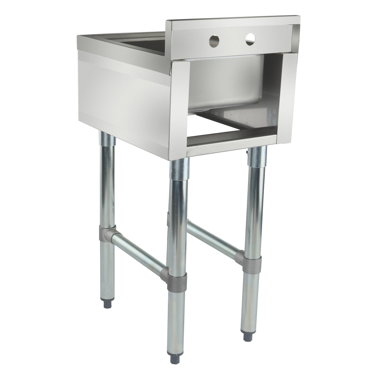 A stainless steel underbar sink base with four sturdy cylindrical legs, open front, and two circular holes on the upper panel for a 1 compartment sink basin and fixtures. The unit features clean, angular edges for industrial or kitchen settings.