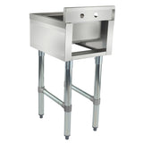 A stainless steel underbar sink base with four sturdy cylindrical legs, open front, and two circular holes on the upper panel for a 1 compartment sink basin and fixtures. The unit features clean, angular edges for industrial or kitchen settings.