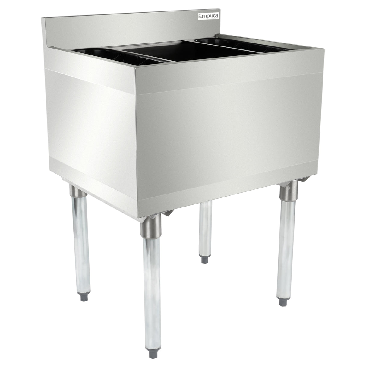 A stainless steel commercial kitchen sink with two deep compartments, four sturdy cylindrical legs, and a raised back panel with the Empura logo—ideal for pairing with an underbar ice bin—photographed against a white background.