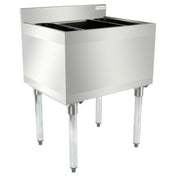 A stainless steel commercial kitchen sink with two deep compartments, four sturdy cylindrical legs, and a raised back panel with the Empura logo—ideal for pairing with an underbar ice bin—photographed against a white background.