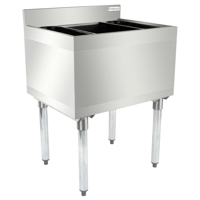 A stainless steel commercial kitchen sink with two deep compartments, four sturdy cylindrical legs, and a raised back panel with the Empura logo—ideal for pairing with an underbar ice bin—photographed against a white background.