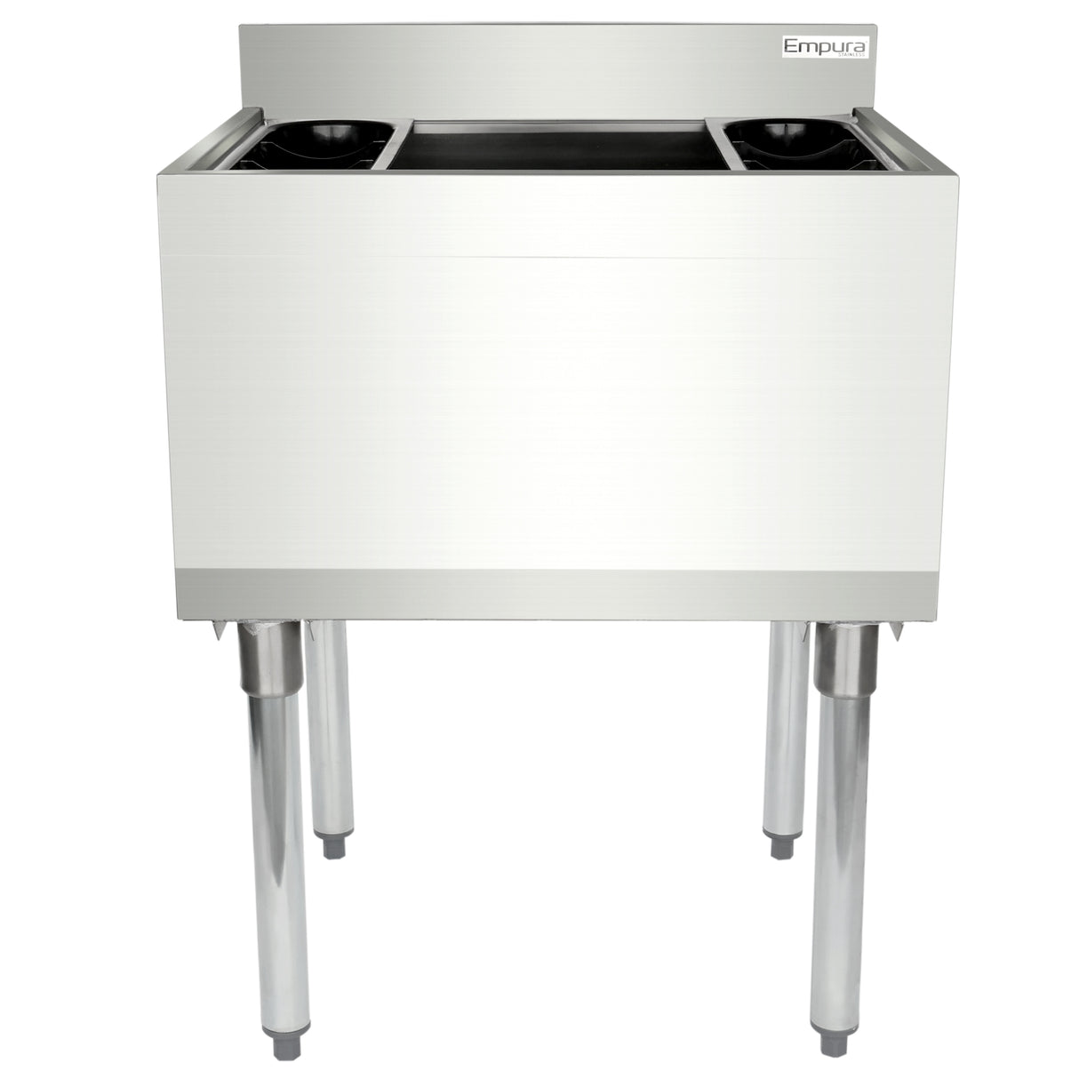 A stainless steel commercial sink with four sturdy legs, a rectangular basin, and a backsplash. The sliding cover adds practicality, while the simple industrial design suits restaurant or kitchen use. The Empura brand appears on the upper right corner.