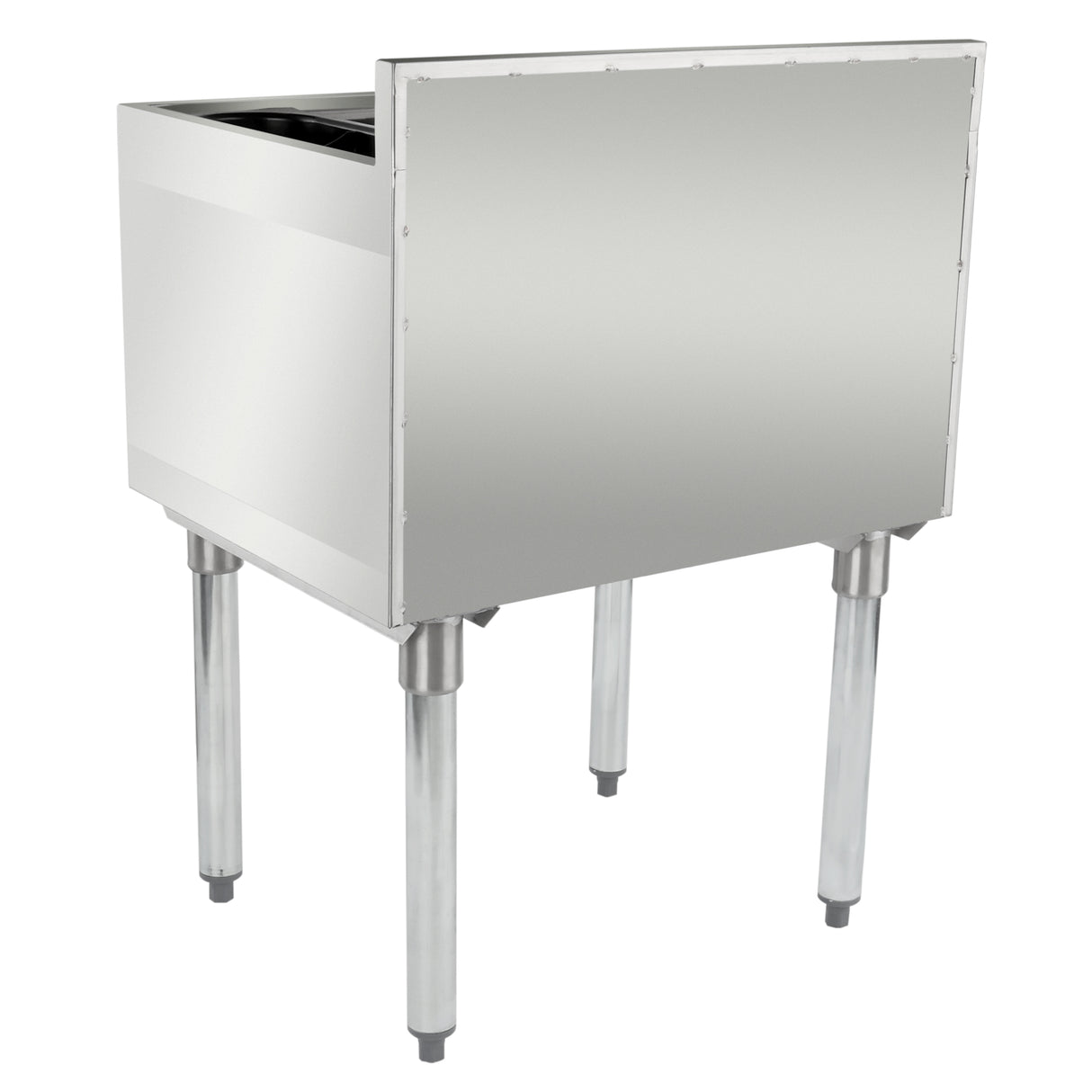 A stainless underbar ice bin with four sturdy legs, a rectangular body, and an open top. The smooth, shiny finish and adjustable feet offer stability, while the industrial design is both functional and durable for commercial use.