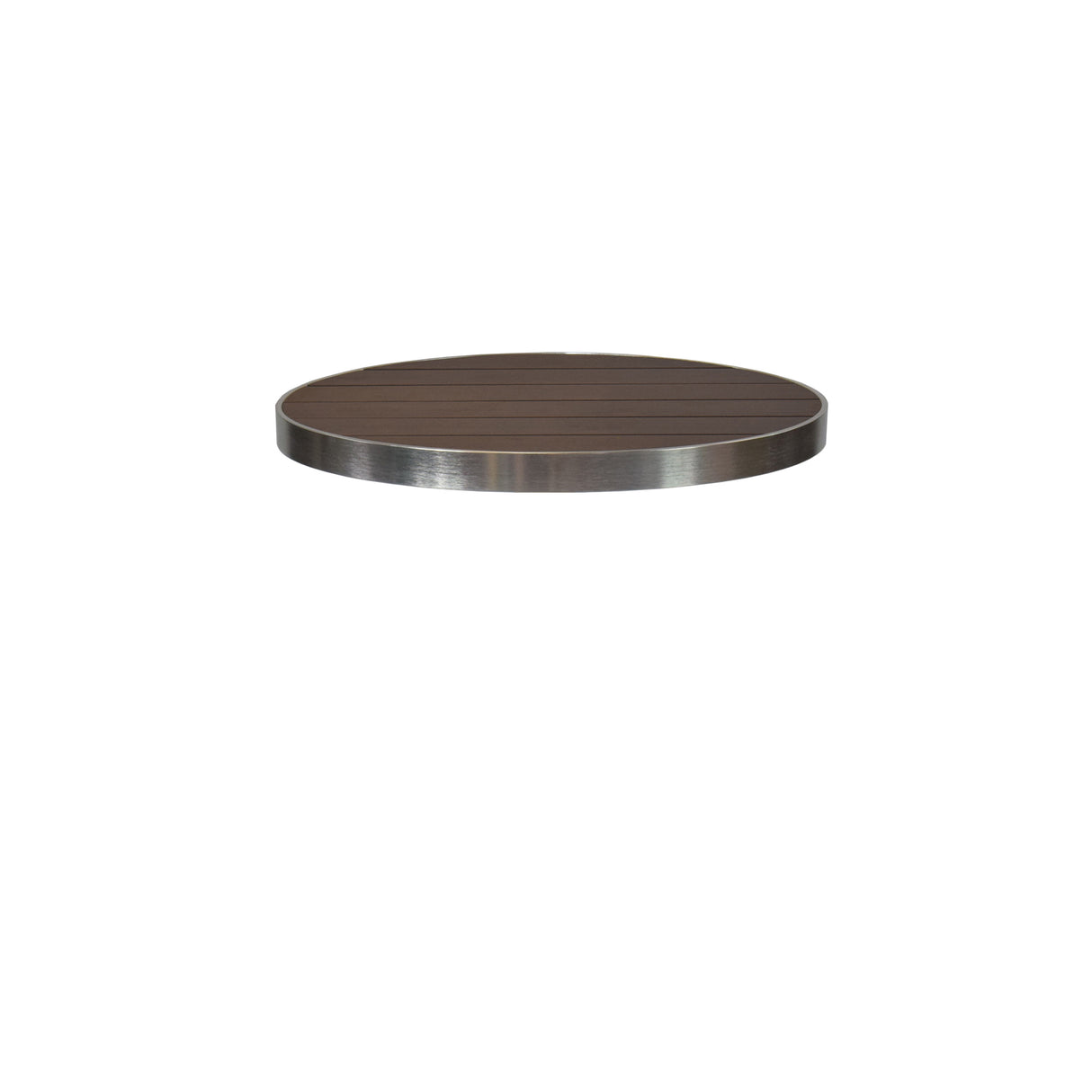 A round Sid Table Top with a dark, wood-look aluminum surface and a sleek metallic edge appears to float against a plain white background, capturing the essence of a modern outdoor table.