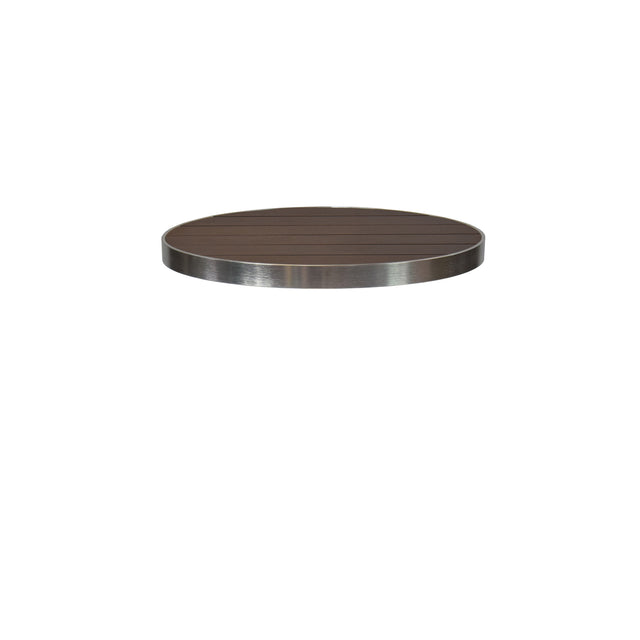 A round Sid Table Top with a dark, wood-look aluminum surface and a sleek metallic edge appears to float against a plain white background, capturing the essence of a modern outdoor table.