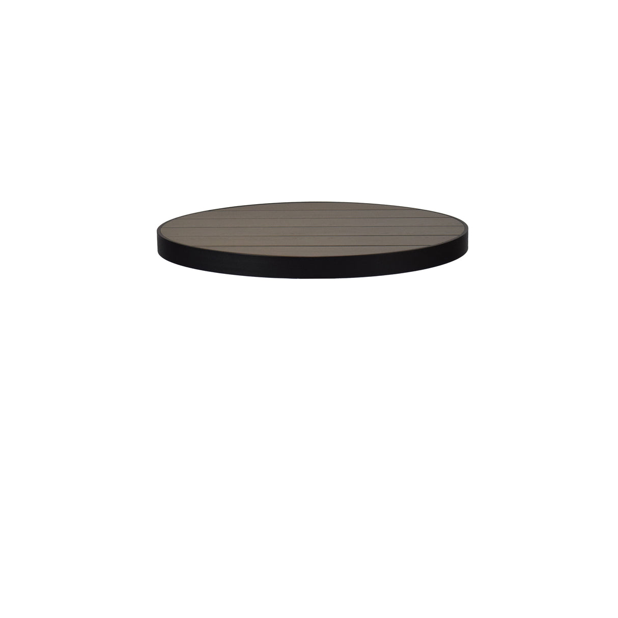 A round, flat Sid Table Top with a wood-grain pattern and dark edge, crafted from wood-look aluminum, is seen from a slightly angled view and isolated on a plain white background—ideal for outdoor settings. No table legs or other objects are visible.
