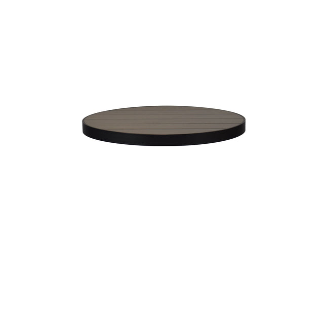 A round, flat Sid Table Top with a wood-grain pattern and dark edge, crafted from wood-look aluminum, is seen from a slightly angled view and isolated on a plain white background—ideal for outdoor settings. No table legs or other objects are visible.