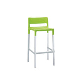 The Olly Stacking Barstool is a modern outdoor barstool with a bright green polypropylene seat and backrest, featuring a rectangular cut-out. It stands on four straight white metal legs with a connecting footrest, set against a plain white background.