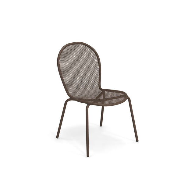 A brown steel mesh chair with a rounded mesh backrest and seat, supported by four slender, slightly angled legs. This minimalist Ronda Stacking Side Chair features a modern design, perfect as an indoor outdoor chair against a plain white background.