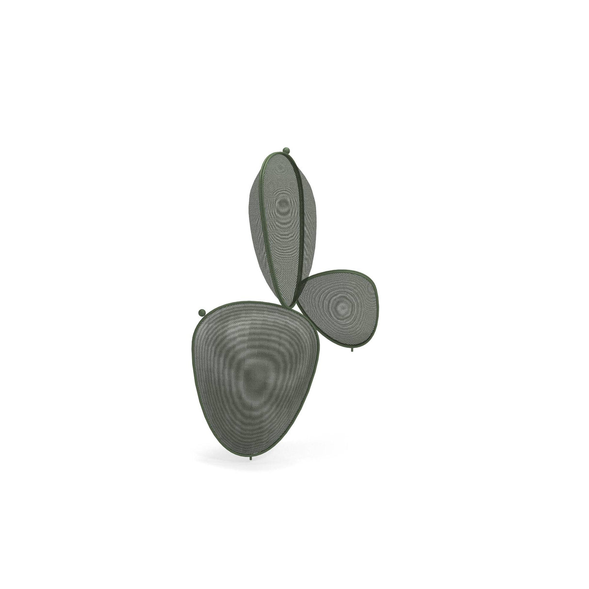Three overlapping, abstract mesh shapes in a military green finish, with visible concentric circular patterns, are arranged vertically on a white background, resembling stylized leaves or petals. The overall look is minimalist and modern.